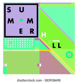 Trendy vector summer cards illustration with line elements and abstract colorful textures. Design for poster, card, invitation, brochure, and promotion template. Fashion art print and background.