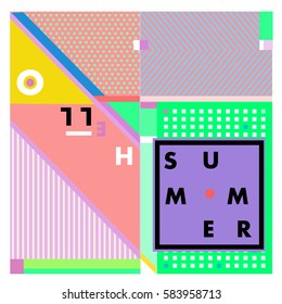 Trendy vector summer cards illustration with line elements and abstract colorful textures. Design for poster, card, invitation, brochure, and promotion template. Fashion art print and background.