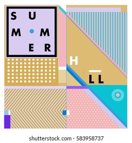Trendy vector summer cards illustration with line elements and abstract colorful textures. Design for poster, card, invitation, brochure, and promotion template. Fashion art print and background.