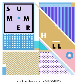 Trendy vector summer cards illustration with line elements and abstract colorful textures. Design for poster, card, invitation, brochure, and promotion template. Fashion art print and background.