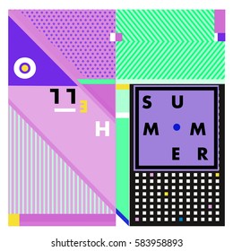 Trendy vector summer cards illustration with line elements and abstract colorful textures. Design for poster, card, invitation, brochure, and promotion template. Fashion art print and background.