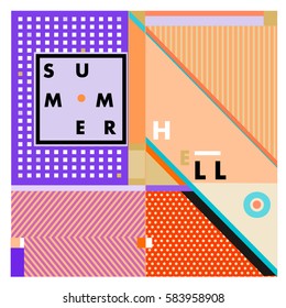 Trendy vector summer cards illustration with line elements and abstract colorful textures. Design for poster, card, invitation, brochure, and promotion template. Fashion art print and background.