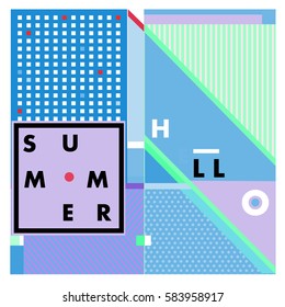 Trendy vector summer cards illustration with line elements and abstract colorful textures. Design for poster, card, invitation, brochure, and promotion template. Fashion art print and background.