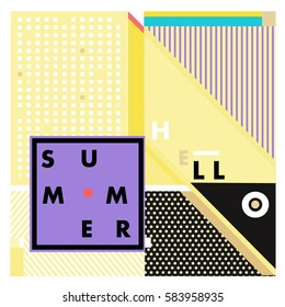 Trendy vector summer cards illustration with line elements and abstract colorful textures. Design for poster, card, invitation, brochure, and promotion template. Fashion art print and background.