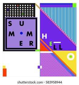 Trendy vector summer cards illustration with line elements and abstract colorful textures. Design for poster, card, invitation, brochure, and promotion template. Fashion art print and background.