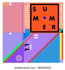 Trendy vector summer cards illustration with line elements and abstract colorful textures. Design for poster, card, invitation, brochure, and promotion template. Fashion art print and background.