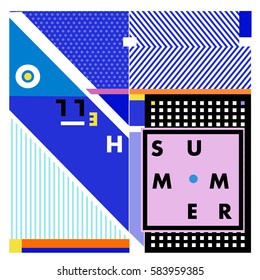 Trendy vector summer cards illustration with line elements and abstract colorful textures. Design for poster, card, invitation, brochure, and promotion template. Fashion art print and background.