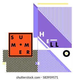 Trendy vector summer cards illustration with line elements and abstract colorful textures. Design for poster, card, invitation, brochure, and promotion template. Fashion art print and background.
