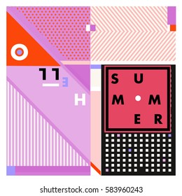 Trendy vector summer cards illustration with line elements and abstract colorful textures. Design for poster, card, invitation, brochure, and promotion template. Fashion art print and background.