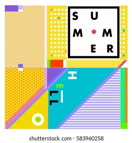 Trendy vector summer cards illustration with line elements and abstract colorful textures. Design for poster, card, invitation, brochure, and promotion template. Fashion art print and background.