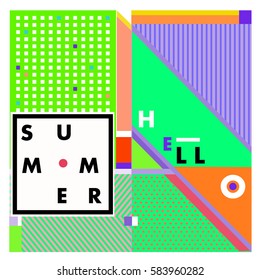 Trendy vector summer cards illustration with line elements and abstract colorful textures. Design for poster, card, invitation, brochure, and promotion template. Fashion art print and background.