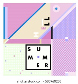 Trendy vector summer cards illustration with line elements and abstract colorful textures. Design for poster, card, invitation, brochure, and promotion template. Fashion art print and background.