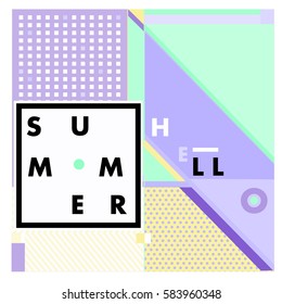 Trendy vector summer cards illustration with line elements and abstract colorful textures. Design for poster, card, invitation, brochure, and promotion template. Fashion art print and background.