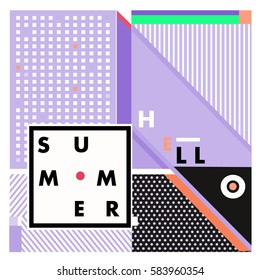 Trendy vector summer cards illustration with line elements and abstract colorful textures. Design for poster, card, invitation, brochure, and promotion template. Fashion art print and background.