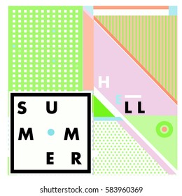 Trendy vector summer cards illustration with line elements and abstract colorful textures. Design for poster, card, invitation, brochure, and promotion template. Fashion art print and background.