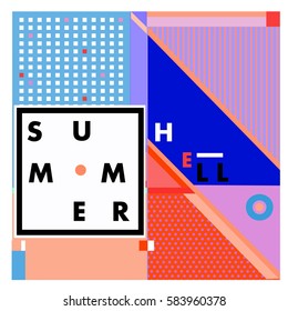 Trendy vector summer cards illustration with line elements and abstract colorful textures. Design for poster, card, invitation, brochure, and promotion template. Fashion art print and background.