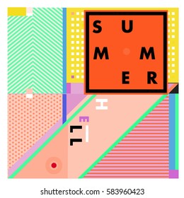 Trendy vector summer cards illustration with line elements and abstract colorful textures. Design for poster, card, invitation, brochure, and promotion template. Fashion art print and background.