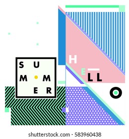 Trendy vector summer cards illustration with line elements and abstract colorful textures. Design for poster, card, invitation, brochure, and promotion template. Fashion art print and background.
