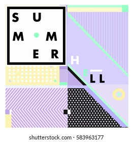 Trendy vector summer cards illustration with line elements and abstract colorful textures. Design for poster, card, invitation, brochure, and promotion template. Fashion art print and background.
