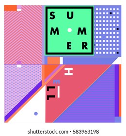 Trendy vector summer cards illustration with line elements and abstract colorful textures. Design for poster, card, invitation, brochure, and promotion template. Fashion art print and background.