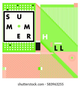 Trendy vector summer cards illustration with line elements and abstract colorful textures. Design for poster, card, invitation, brochure, and promotion template. Fashion art print and background.