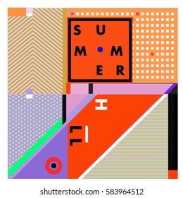 Trendy vector summer cards illustration with line elements and abstract colorful textures. Design for poster, card, invitation, brochure, and promotion template. Fashion art print and background.