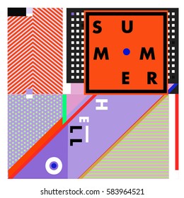 Trendy vector summer cards illustration with line elements and abstract colorful textures. Design for poster, card, invitation, brochure, and promotion template. Fashion art print and background.