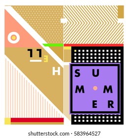 Trendy vector summer cards illustration with line elements and abstract colorful textures. Design for poster, card, invitation, brochure, and promotion template. Fashion art print and background.