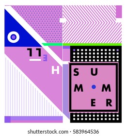 Trendy vector summer cards illustration with line elements and abstract colorful textures. Design for poster, card, invitation, brochure, and promotion template. Fashion art print and background.