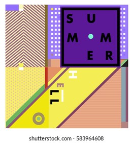 Trendy vector summer cards illustration with line elements and abstract colorful textures. Design for poster, card, invitation, brochure, and promotion template. Fashion art print and background.