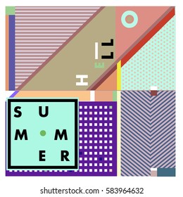 Trendy vector summer cards illustration with line elements and abstract colorful textures. Design for poster, card, invitation, brochure, and promotion template. Fashion art print and background.