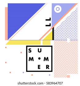 Trendy vector summer cards illustration with line elements and abstract colorful textures. Design for poster, card, invitation, brochure, and promotion template. Fashion art print and background.