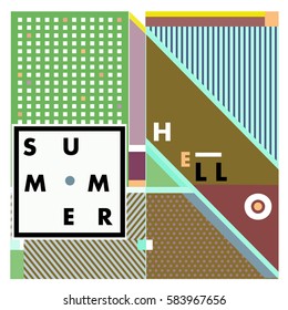 Trendy vector summer cards illustration with line elements and abstract colorful textures. Design for poster, card, invitation, brochure, and promotion template. Fashion art print and background.