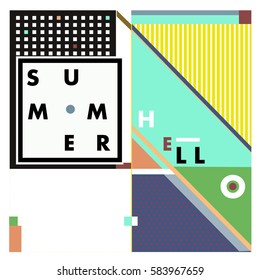 Trendy vector summer cards illustration with line elements and abstract colorful textures. Design for poster, card, invitation, brochure, and promotion template. Fashion art print and background.