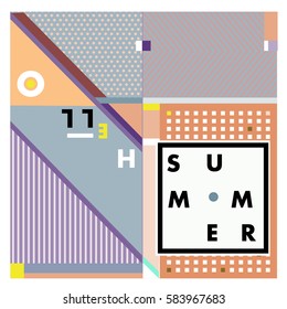 Trendy vector summer cards illustration with line elements and abstract colorful textures. Design for poster, card, invitation, brochure, and promotion template. Fashion art print and background.