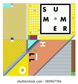 Trendy vector summer cards illustration with line elements and abstract colorful textures. Design for poster, card, invitation, brochure, and promotion template. Fashion art print and background.