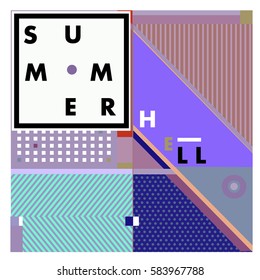 Trendy vector summer cards illustration with line elements and abstract colorful textures. Design for poster, card, invitation, brochure, and promotion template. Fashion art print and background.