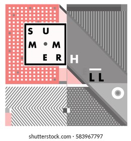 Trendy vector summer cards illustration with line elements and abstract colorful textures. Design for poster, card, invitation, brochure, and promotion template. Fashion art print and background.