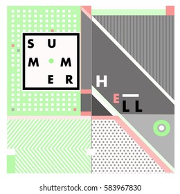 Trendy vector summer cards illustration with line elements and abstract colorful textures. Design for poster, card, invitation, brochure, and promotion template. Fashion art print and background.