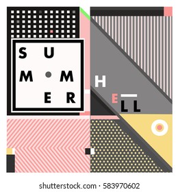 Trendy vector summer cards illustration with line elements and abstract colorful textures. Design for poster, card, invitation, brochure, and promotion template. Fashion art print and background.