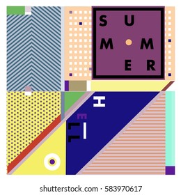 Trendy vector summer cards illustration with line elements and abstract colorful textures. Design for poster, card, invitation, brochure, and promotion template. Fashion art print and background.