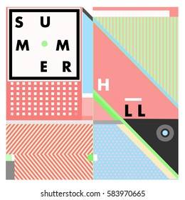 Trendy vector summer cards illustration with line elements and abstract colorful textures. Design for poster, card, invitation, brochure, and promotion template. Fashion art print and background.