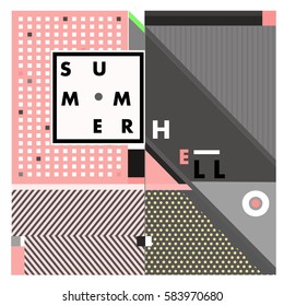 Trendy vector summer cards illustration with line elements and abstract colorful textures. Design for poster, card, invitation, brochure, and promotion template. Fashion art print and background.