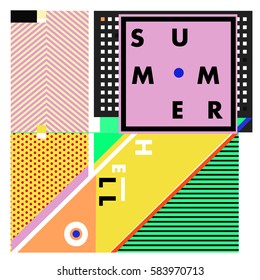 Trendy vector summer cards illustration with line elements and abstract colorful textures. Design for poster, card, invitation, brochure, and promotion template. Fashion art print and background.