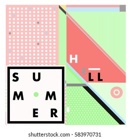 Trendy vector summer cards illustration with line elements and abstract colorful textures. Design for poster, card, invitation, brochure, and promotion template. Fashion art print and background.