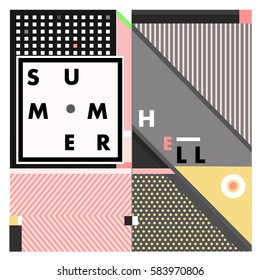 Trendy vector summer cards illustration with line elements and abstract colorful textures. Design for poster, card, invitation, brochure, and promotion template. Fashion art print and background.