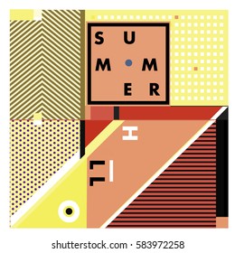 Trendy vector summer cards illustration with line elements and abstract colorful textures. Design for poster, card, invitation, brochure, and promotion template. Fashion art print and background.