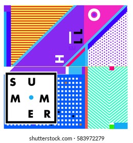Trendy vector summer cards illustration with line elements and abstract colorful textures. Design for poster, card, invitation, brochure, and promotion template. Fashion art print and background.