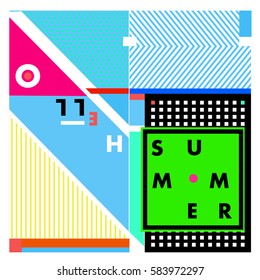 Trendy vector summer cards illustration with line elements and abstract colorful textures. Design for poster, card, invitation, brochure, and promotion template. Fashion art print and background.