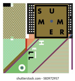 Trendy vector summer cards illustration with line elements and abstract colorful textures. Design for poster, card, invitation, brochure, and promotion template. Fashion art print and background.